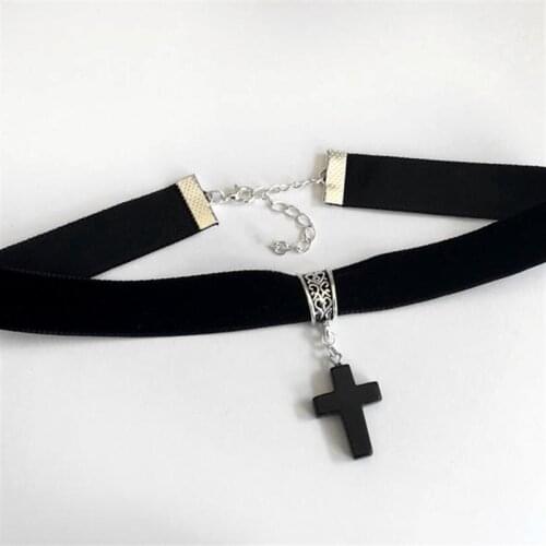 Black Velvet Choker with Cross Natural Stone Crystal Gothic Grunge Jewellery Fashion Jesus Pendant 2021 New Women Gift