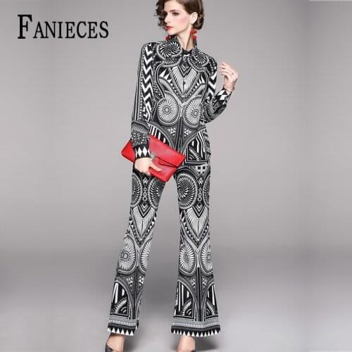 Fashion Runway Pants Suit Sets Womens Long Sleeve Collar Print Blouses And Casual Pants Two Pieces Set 2021 Spring