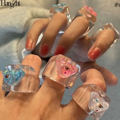 HangZhi 2021 New Korean Girls Lovely Bright Colorful Cartoon Bear Geometric Chunky Clear Resin Ring for Women Party Jewelry