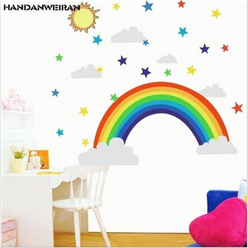 1PCS Rainbow Sun Star Wall Sticker Childrens Room Kindergarten Bedroom Home Decoration Green Flower Mural 26*50CM