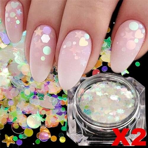 2 Bottles/Set Holographic Nail Glitter Mix Star Round Heart Flakies Mirror Irregular Paillette DIY Sequins Nail Art Decor