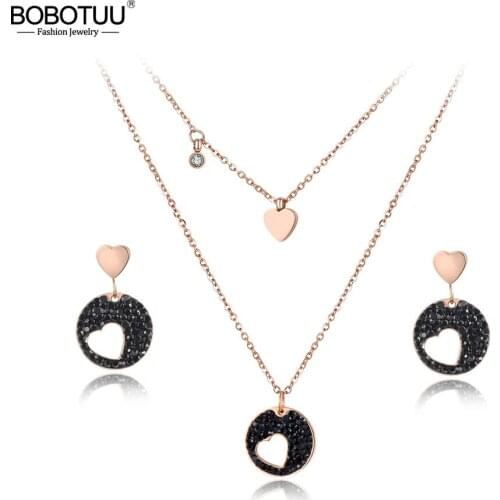 BOBOTUU Classic CZ Crystal Heart Choker Necklaces & Earrings Jewelry Sets Pave Setting Rhinestone Stainless Steel Female BSE011