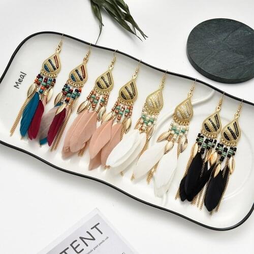 Bohemia Womens Jewelry Accessories Ethnic 4 Colors Feather Drop Earrings Boho 2021 New Trend Long Hanging Earrings for Women