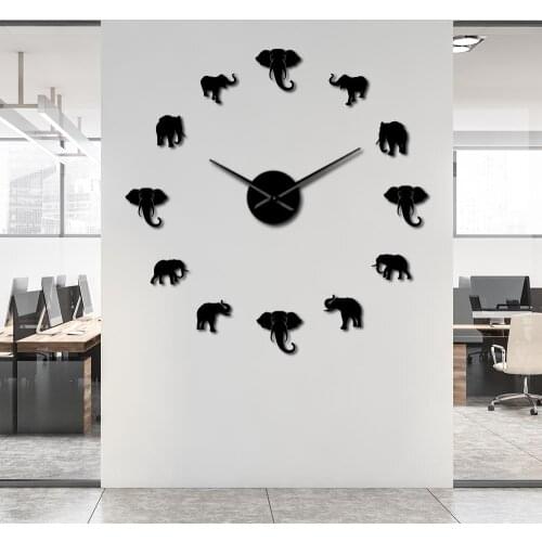 Jungle Animals Elephant DIY Large Wall Clock Modern Design Mirror Effect Giant Frameless Elephants DIY Clock Watch Home Decor