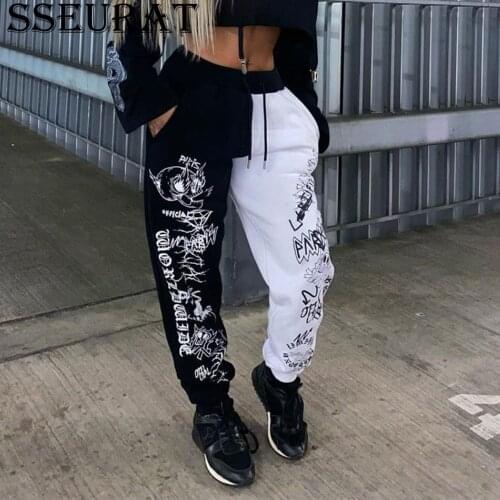 SSEURAT Women Fashion Print Patchwork Pants Autumn Elastic Waist Pocket Harajuku Sport Trouser Casual Streetwear Sweatpant
