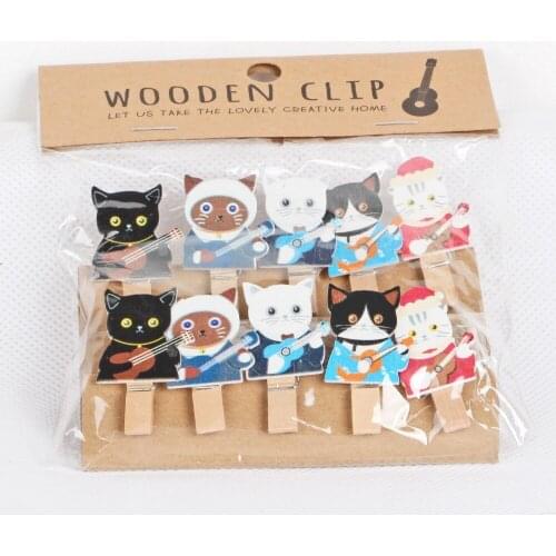 10 Pcs/Set Cute Guitar Cat Wooden Clip Photo Paper Clothespin Craft Clips Party Decoration Clip with Hemp Rope