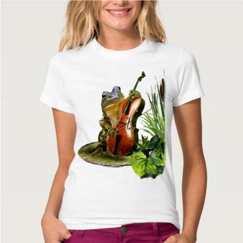 Funny Frog Playing Violin Print T-Shirt New Summer Women Short Sleeve Cute Frog Design Casual Tops Maiden Tees Girl T-shirt