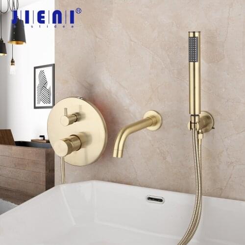 JIENI Golden Plated Bathtub Bathroom Faucet 2 Functions Wall Mounted Brushed Gold Shower Faucet Mixer Shower Set W/ Hand Spray