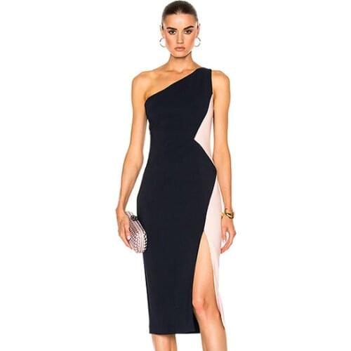 Pretty Nice One Shoulder Colorblock Bandage Femme Dress Sleeveless Contrast Trim Side Split Elegant Sheath Midi Party Dress