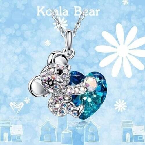 Cute Koala Koala Hug Heart Pendant Necklace Blue Love Heart Rhinestone Necklaces Women Fashion Jewelry Valentines Day Gift