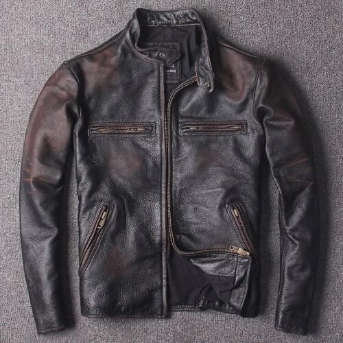 2020 Vintage Men Slim Fit Bikers Leather Jacket Plus Size XXXL Genuine Cowhide Spring Russian Short Leather Coat FREE SHIPPING