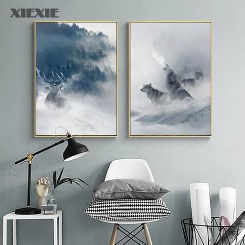Nordic Black White Animal Poster Wolf Elk Wall Art Canvas Painting Forest Snow Mountain Print Picture for Living Room Home Decor