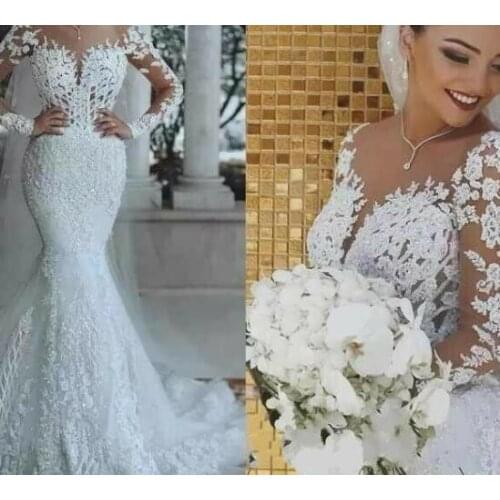New 2020 Romantic Gorgeous Long Sleeve Mermaid Wedding Dresses Beading Lace Princess Bridal Gown Custom Made Appliques Gown