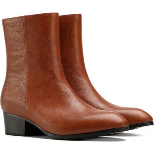 New Autumn Winter Quality Cow Leather Boots Men 5CM High Heels Warm Chelsea Mid Boots Trendy Pointed-Toe Career Work Boots 36-44