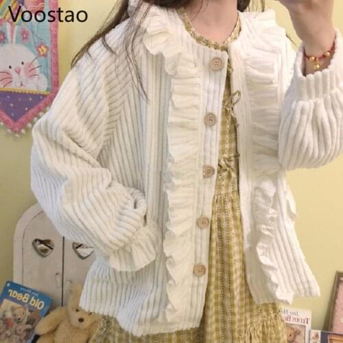Autumn Japanese Soft Girls Preppy Style Ruffles Loose Coats Women Spring Cute Chic Lantern Long Sleeve Corduroy Cardigan Jackets