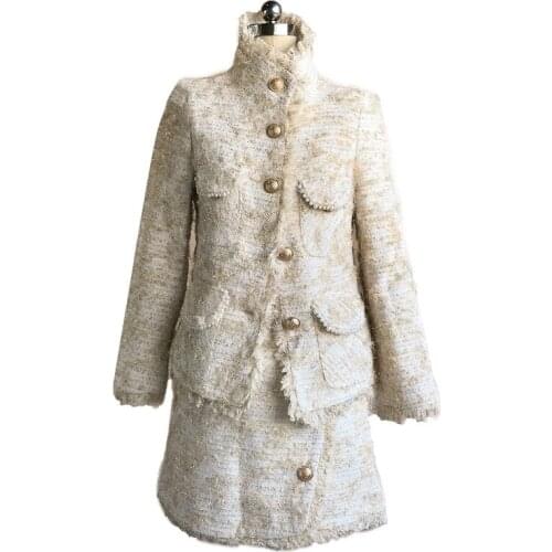 PERHAPS U Women Beige Tweed Jacket Mini Skirt Pencil 2 Two Pieces Set Elegant Button T0158
