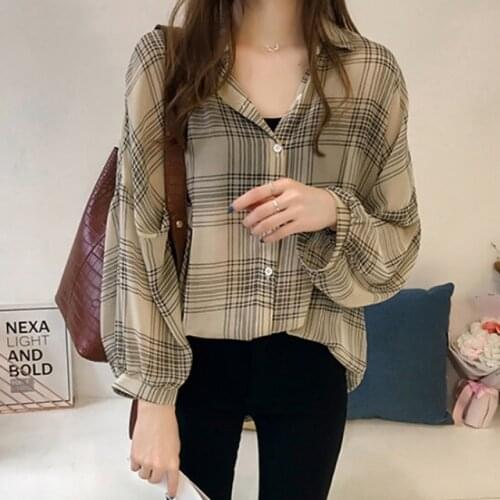 Plus Size Blouses and Plaid Shirts Women Summer Large Size Plaid Lantern Sleeve Blouse ladies Loose Tops 4xl