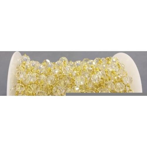 6mm Gold Electroplated Faceted Bead Clear Glass Crystal Rosary Style Chain RC5039