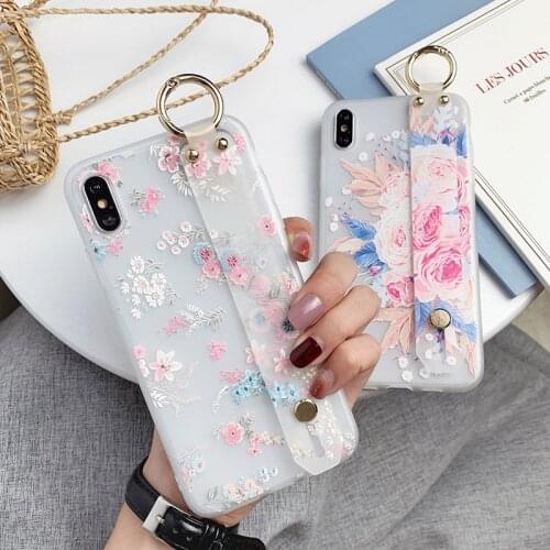 Relief Flower Case Cover For Samsung A21S A91 A01 A11 A21 A51 A71 A50 A70 Note 10 plus S20 Ultra Phone Holder Wrist Strap Case