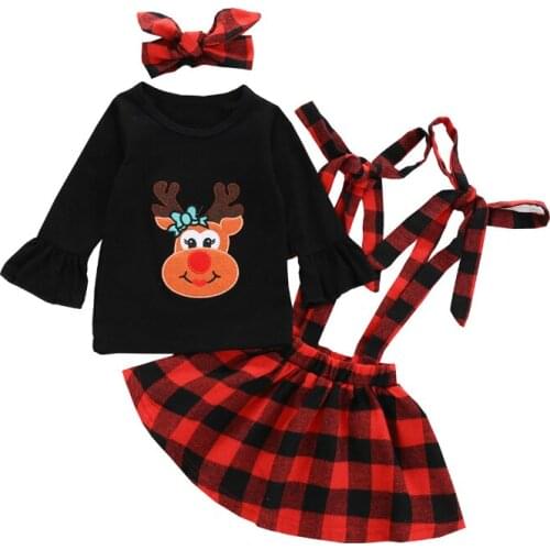 2020 Christmas Baby Girls Clothes Outfits Long Sleeve Deer Print T-Shirt + Plaid Suspender Skirt + Headband 3pcs Set