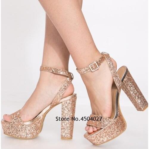 Summer Women Platform Sandals Bling Bling Glitte Chunky Heel Open Toe Ankle Strap Gold Sandals