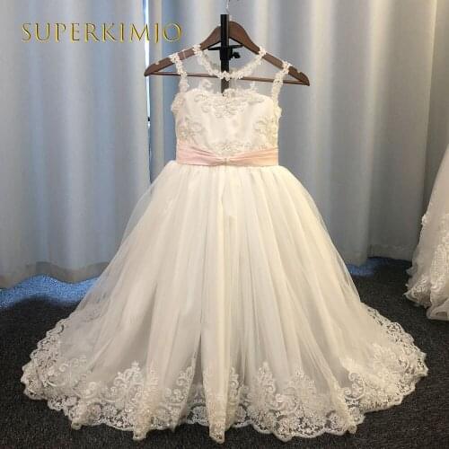 SuperKimJo Primera Comunion Handmade Flowers Champagne Flower Girl Dresses for Weddings 2020 Lace Applique Girls Ball Gown