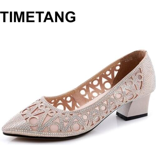 TIMETANG 2021Women High Heels Pointed Toe Summer Shoes Thick Heels Sandals Soft Gauze Pumps Cut-outs Party Shoes Woman