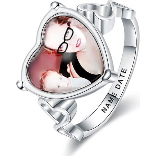 Xiaojing Engraved Heart Shaped Wedding Photo Rings 925 Sterling Silver Customizable Ring Unique Anniversary Gift Free Shipping