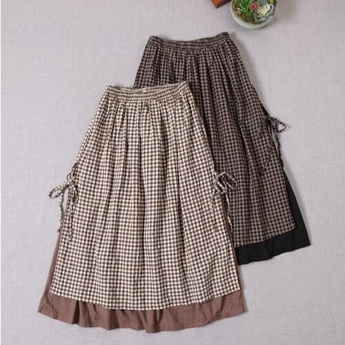 Spring Autumn Japanese Female Literary Cotton Plaid Skirts Loose Elastic Waist Holiday Two Skirt Women Fashion