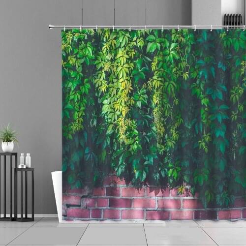 Creeper Plant Green Leaves Shower Curtain Wall Brick Pattern Bathroom Bathtub Decor Fabric Home Background Wall Cloth With Hook