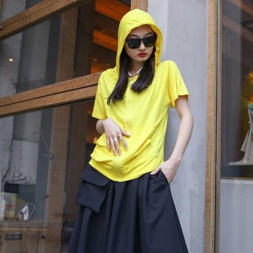 Ladies summer new bright yellow half sleeve T-shirt zipper hoodie short sleeve loose casual large size short sleeve T-shirt