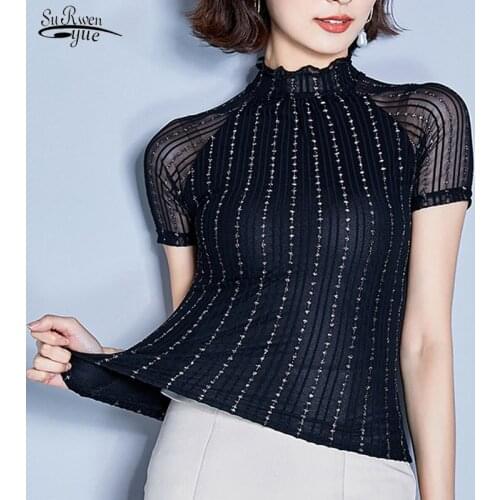 2021 Elegant Lace Short Sleeve Top for Women T-Shirt Plus Size Striped Ruffled Mesh Shirt Fashion Summer Tees Women T-Shirt 4411