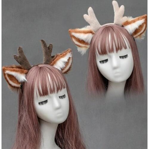 Plush Deer Headband Women Cosplay Antlers Hair Hoops Soft Headdress Masquerade Halloween Party Costume Hair Jewelry Accessories