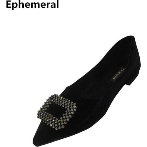 American European Ladys Flats Pointed Toe Fleeces Plus Size 34-45 44 Shoes Luxury Crystal Black Pink Slip-on High Quality Flock