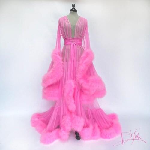 Hot Pink Feather Womens Fur Robe Kimono Pregnant Party Sleepwear Women Sexy Bathrobe Sheer Nightgown Prom Bridesmaid Shawel