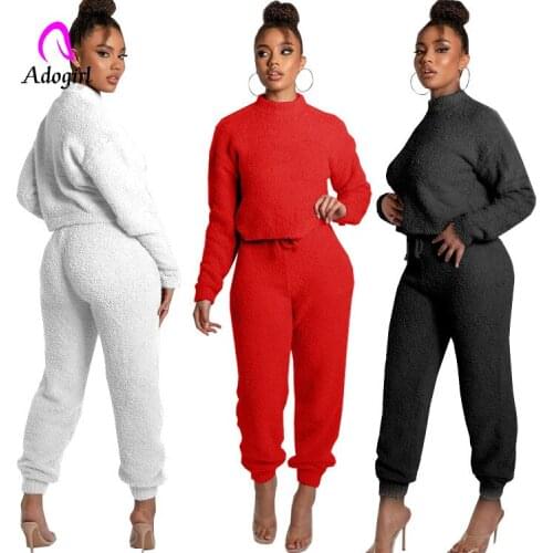 Warm Fleece Women Knitted 2 Piece Set Fitness O Neck Sweatshirt + Velvet Jogging Pants Matching Suit Casual Outfits Tracksuit