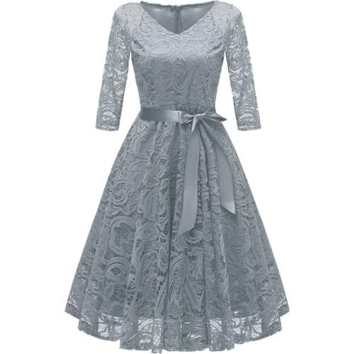 Summer New Solid Color Zipper Elegant Lace Patchwork V Neck Bandage Dress Big Swing Temperament Party Ladies Dresses