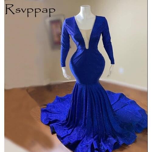 Real Picture Long Sleeves Prom Dresses 2021 Elegant Beade V-neck Royal Blue Mermaid African Style Party Prom Dress