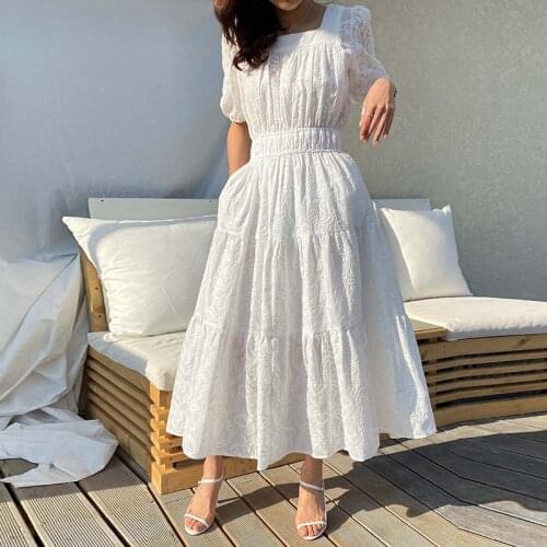 Elegant Embroidered White Dress Women Square Collar Short Sleeve Hook Flower Vintage Dress Femme Robe Korean Clothing
