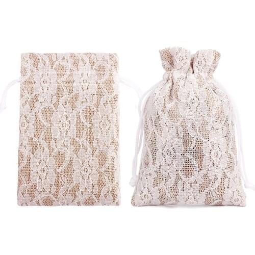10PCS Gift Bag White Lace Linen Bunch Tableware Jewelry Packaging Wedding Party Packing Pouches Drawable Bags Present For Sweets