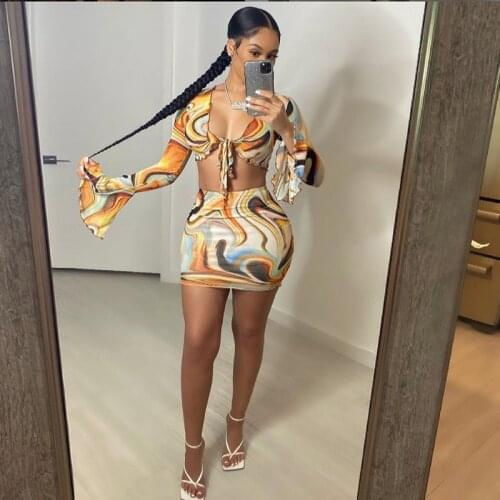 Adogirl Sexy Women Two Piece Sets Summer Flare Sleeve Crop Top And Mini Skirt Beach Vacation Outfits Elegant Matching Sets