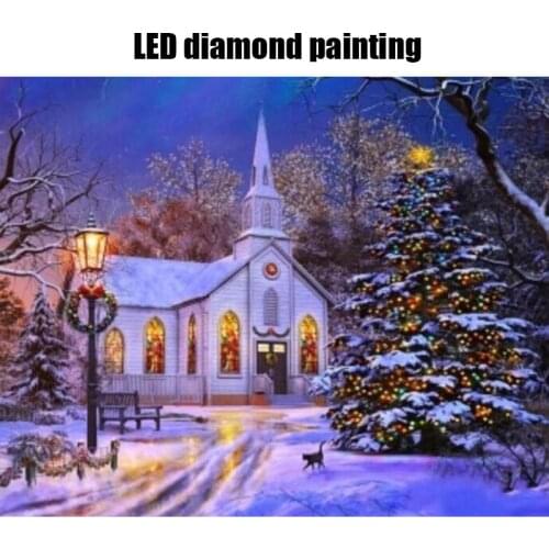 LED Light Full Round Drill 5D DIY Diamond Painting 40x50cm Winter Winter Snow House Christmas Tree Decoration