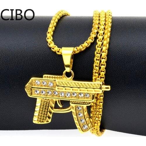 Punk Hip-Hop Women Men gold-UZI-Gun-Shape Pendant Crystal-Rhinestone Chain Necklace Pistol-Submachine Necklaces Jewelry