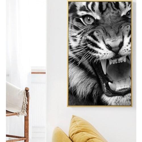 Black And White Ferocious Tiger Canvas Art Painting Posters and Prints Scandinavian Cuadros Wall Art Picture for Living Room