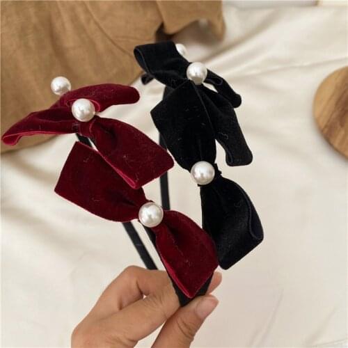Black Wine Velvet Bow Pearl Bezel Headwear Women Korean Headband Girls Vintage Hairband Hoop for Party Hair Bands Accessories