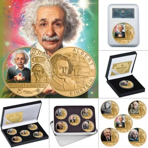 E MC2 Famous Physicist Gold Plated Commemorative Coins Set with Coin Holder Collectible Challenge Coin Educational Souvenir Gift