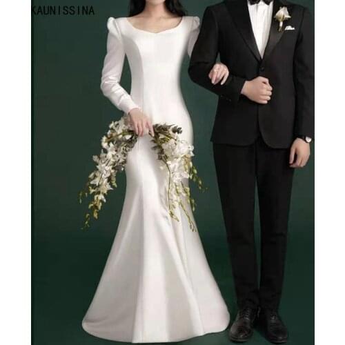 KAUNISSINA Elegant Long Sleeve Mermaid Wedding Dress V-Neck Satin Floor Length Wedding Gowns for Bride Simple Robe De Mariee