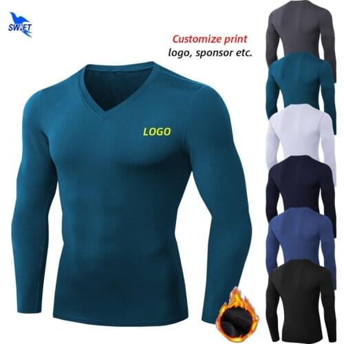 Custom LOGO Thermal Fleece Long Sleeve Running Shirts Men V Neck Gym Fitness Sportswear T-Shirt Quick Dry Stretch Top Tees