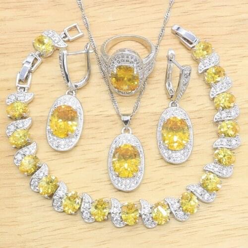 Yellow Zircon 925 Silver Jewelry Sets For Women Wedding Bracelet Earrings Necklace Pendant Ring Bridal Birthday Gift