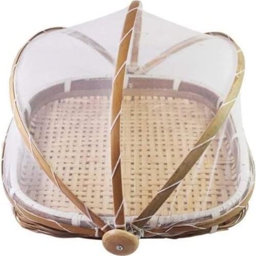 Hand-Woven Food Basket, Bamboo Food Tent Basket, Food Tent Basket with Net Gauze Cover,Outdoor Bread Basket
